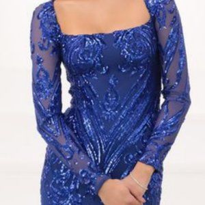 LUCY IN THE SKY - Giulia Sparkling Square Neck Dress in Royal Blue Sequins